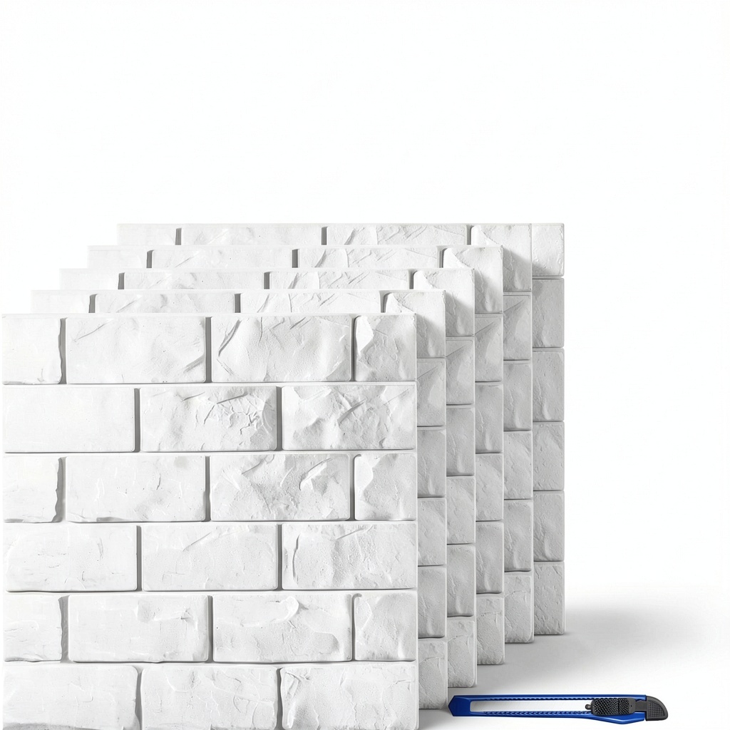White 3D foam wall panels installed in a modern living room