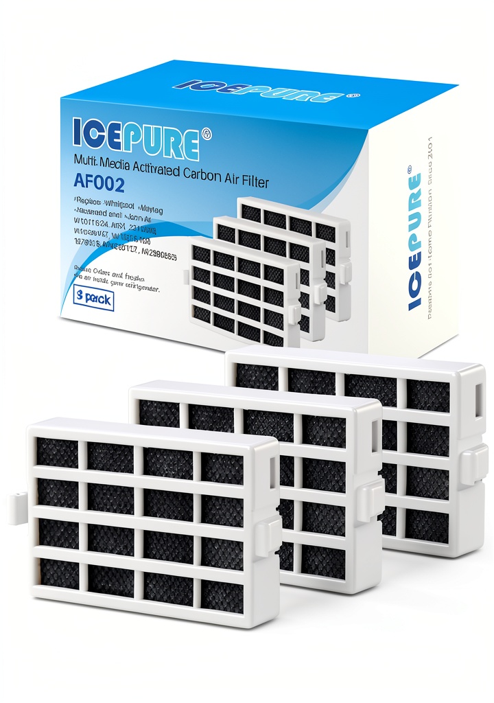 Installing ICEPURE W10311524 Refrigerator Air Filter Carbon Fiber 3 Pack Water on a kitchen countertop